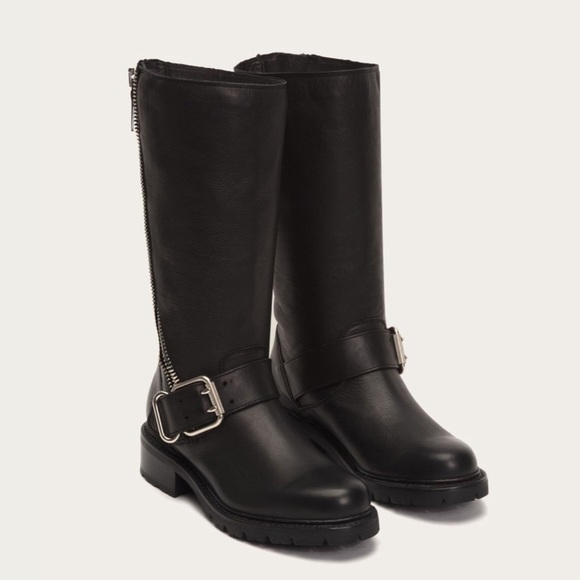 Frye Samantha Tall Black Leather Moto Boots 5 1/2B - Picture 1 of 8